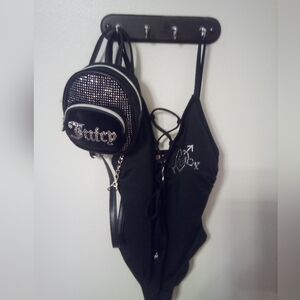 Juicy's Black One Piece Swimsuit With Rhinestones. Includes Mini, Velour Backpk